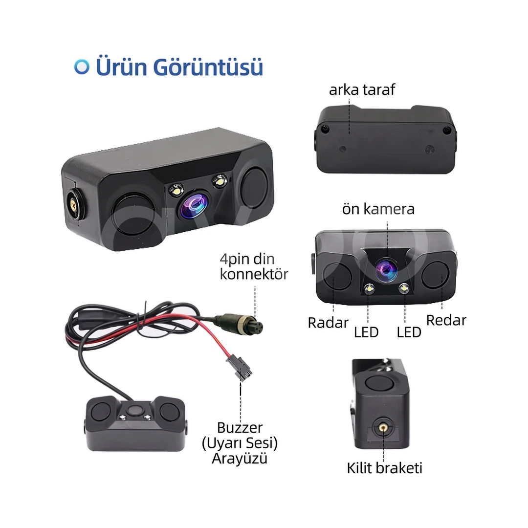 Park Sensörlü Geri Görüş Kamerası 3'ü 1 Arada AHD